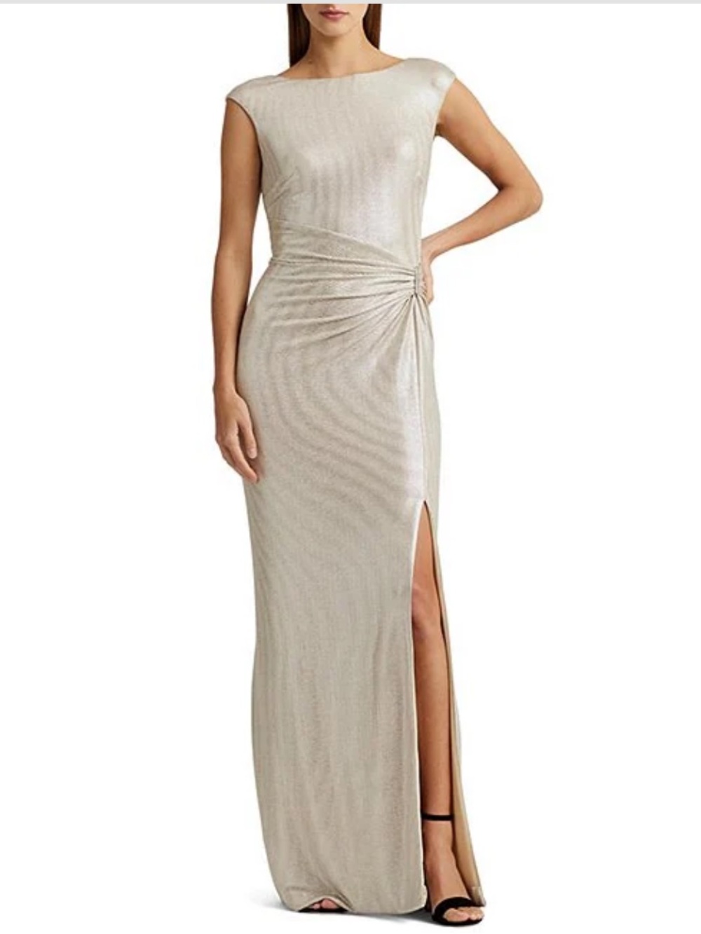 Lauren Ralph Lauren Champagne Ruched Side-Slit Evening Dress